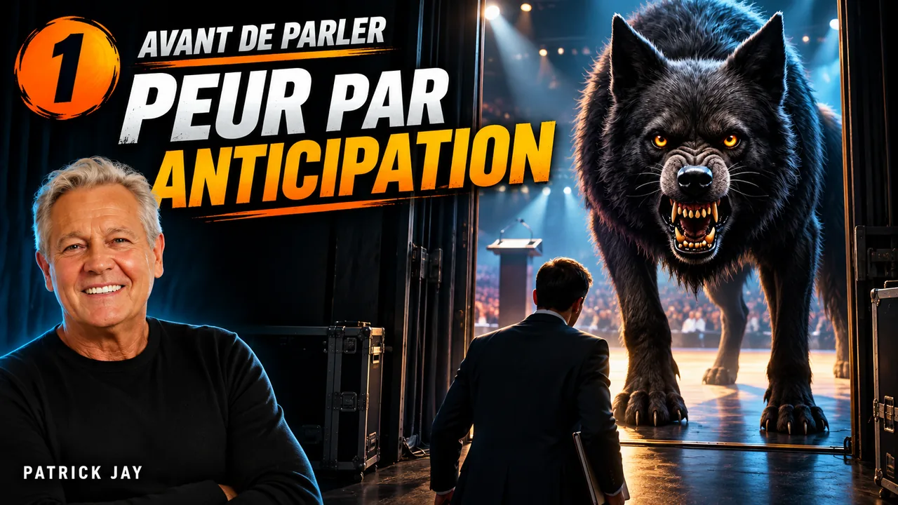 Étape 1, avant de parler : un orateur dans les coulisses face à un loup noir, symbole de la peur par anticipation