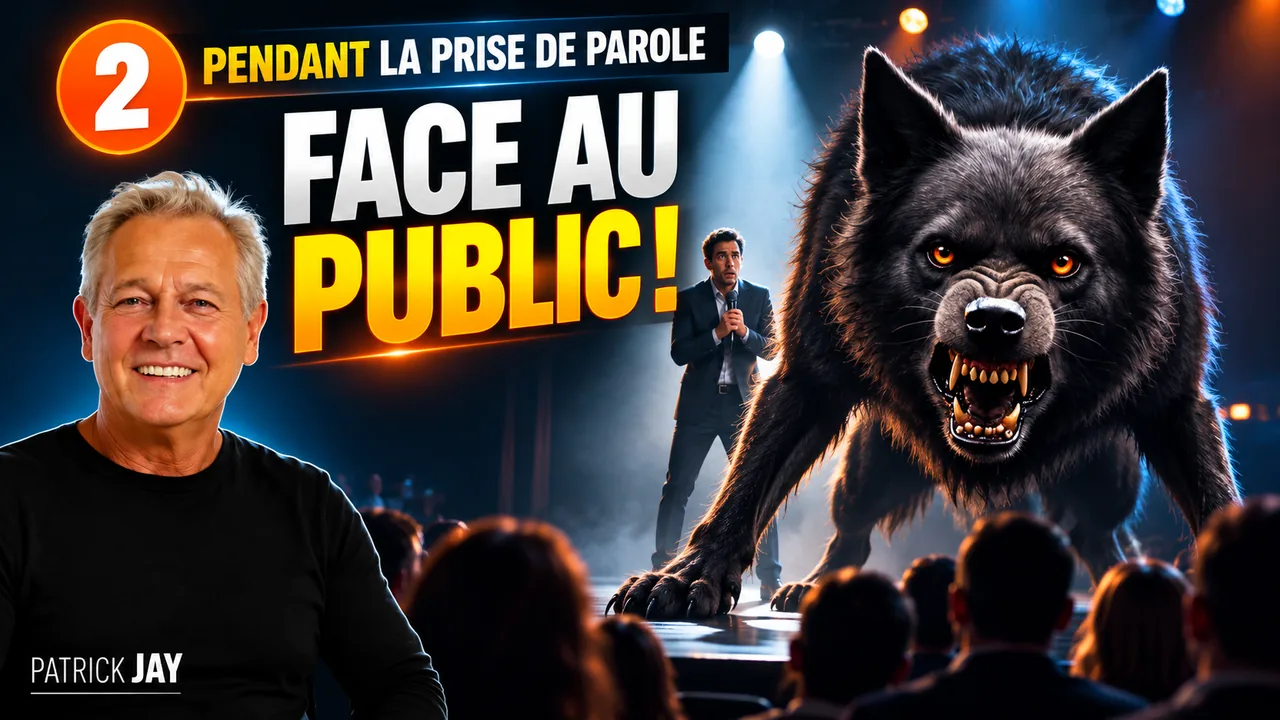 Étape 2, pendant la prise de parole : un orateur sur scène face à un loup noir, symbole du stress face au public
